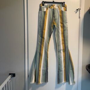 Striped Flare Pants in Green, Yellow, and White